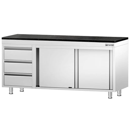 GGM Gastro Stainless Steel Work Cabinet PREMIUM - 2000x700mm - with 3 drawers on the left - incl. granite worktop