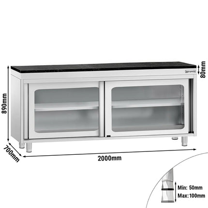 GGM Gastro Stainless Steel Work Cabinet PREMIUM - 2000x700mm - with glass sliding door - incl. granite worktop