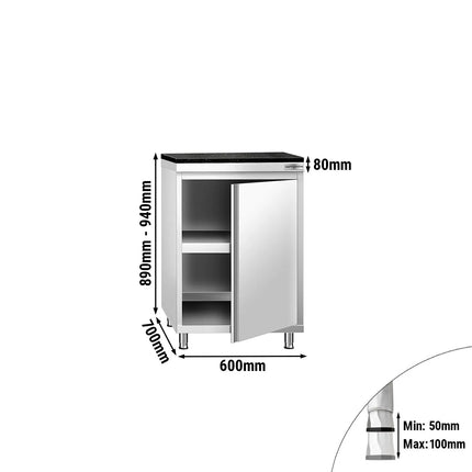 GGM Gastro Stainless Steel Work Cabinet PREMIUM - 600x700mm - with hinged door - incl. granite worktop