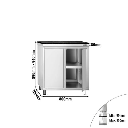 GGM Gastro Stainless Steel Work Cabinet PREMIUM - 800x700mm - with hinged door - incl. granite worktop