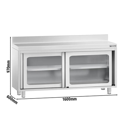 GGM Gastro Stainless Steel Work Table PREMIUM - 1600x600mm - with Glass Sliding Doors & Upstand