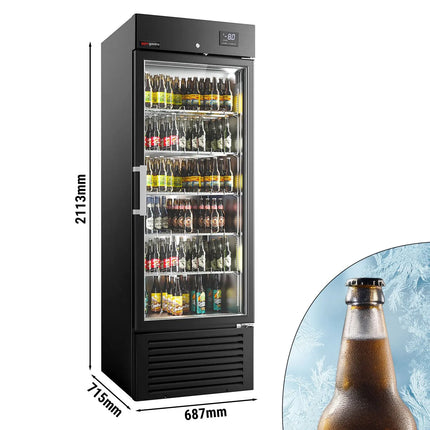 GGM Gastro SUPERCOOLER | Commercial Beverage Display Fridge - 687mm - 500 Litres - stainless steel interior - with 1 hinged glass door - LED lighting - digital controller with temperature display - Temperature range -8 to 0 °C - Black