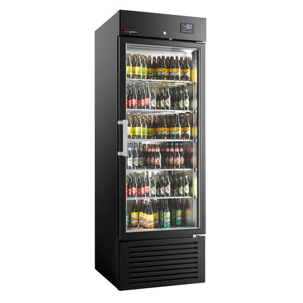 GGM Gastro SUPERCOOLER | Commercial Beverage Display Fridge - 687mm - 500 Litres - stainless steel interior - with 1 hinged glass door - LED lighting - digital controller with temperature display - Temperature range -8 to 0 °C - Black