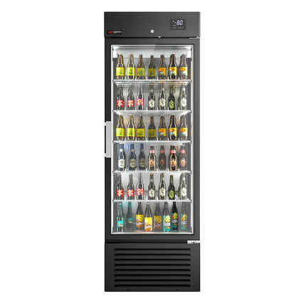 GGM Gastro SUPERCOOLER | Commercial Beverage Display Fridge - 687mm - 500 Litres - stainless steel interior - with 1 hinged glass door - LED lighting - digital controller with temperature display - Temperature range -8 to 0 °C - Black