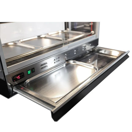 GGM Gastro Tủ Trưng Bày Giữ Nóng Gà Quay - 1098mm - 1.8kW - 2 Tầng - Có Thớt Lạng Kéo Ra