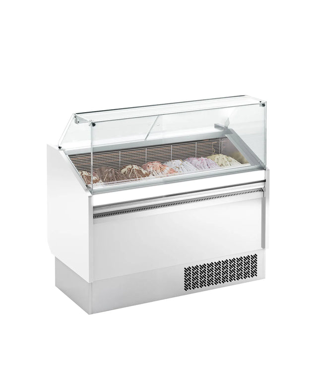 GGM Gastro Tủ Trưng Bày Kem LEVI - 1310mm - Làm Lạnh Tĩnh - Đèn LED - Cho 7 Khay Napoli 5L - Trắng