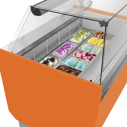 GGM Gastro Tủ Trưng Bày Kem LIAM - 1310mm - Đèn LED - Cho 10 Khay Napoli 5L - Làm Lạnh Tĩnh - Cam