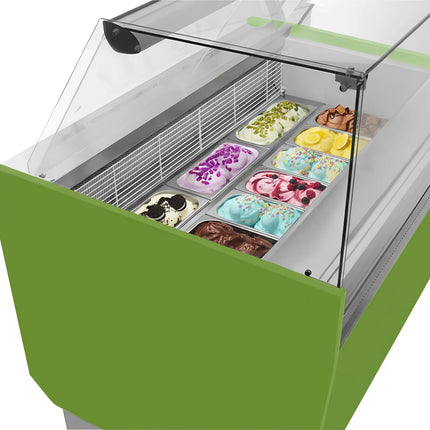 GGM Gastro Tủ Trưng Bày Kem LIAM - 1310mm - Đèn LED - Cho 10 Khay Napoli 5L - Xanh Lá Nhạt - Làm Lạnh Tĩnh