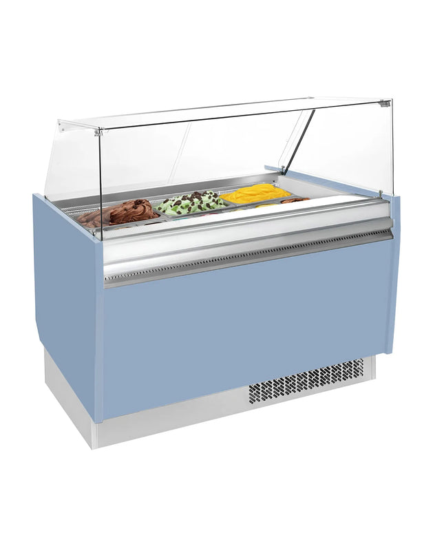 GGM Gastro Tủ Trưng Bày Kem LIAM - 1310mm - Đèn LED - Cho 10+10 Khay Napoli 5L - Xanh Dương Nhạt - Làm Lạnh Tĩnh