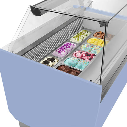 GGM Gastro Tủ Trưng Bày Kem LIAM - 1310mm - Đèn LED - Cho 10+10 Khay Napoli 5L - Xanh Dương Nhạt - Làm Lạnh Tĩnh