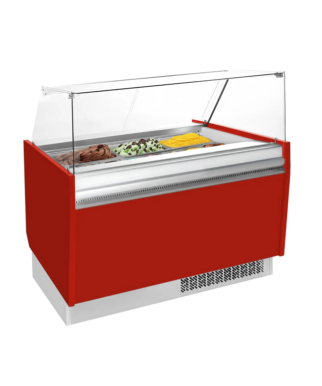 GGM Gastro Tủ Trưng Bày Kem LIAM - 1310mm - Làm Lạnh Tĩnh - Đèn LED - Cho 10 Khay Napoli 5L - Đỏ - Kính Cong