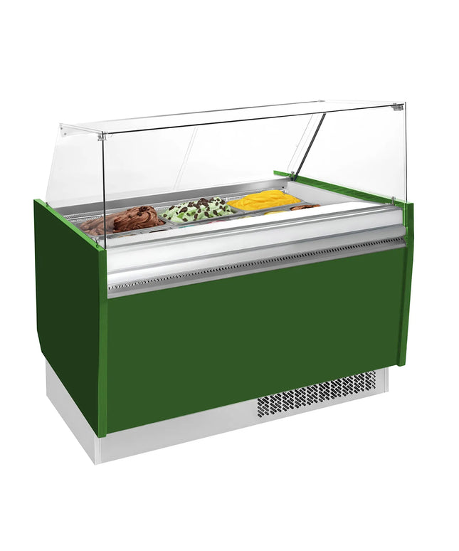 GGM Gastro Tủ Trưng Bày Kem LIAM - 1310mm - Làm Lạnh Tĩnh - Đèn LED - Cho 10 Khay Napoli 5L - Xanh Lá
