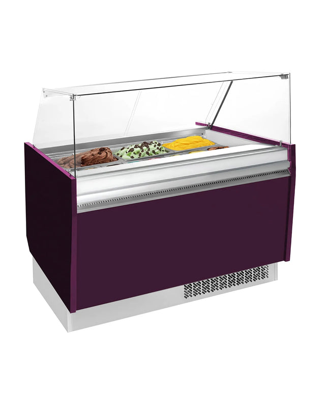 GGM Gastro Tủ Trưng Bày Kem LIAM - 1310mm - Làm Lạnh Tĩnh - Đèn LED - Cho 10 Khay Napoli 5L - Tím - Nắp Kính Bản Lề