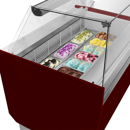 GGM Gastro Tủ Trưng Bày Kem LIAM - 1310mm - Làm Lạnh Tĩnh - Đèn LED - Cho 10+10 Khay Napoli 5L - Đỏ Garnet