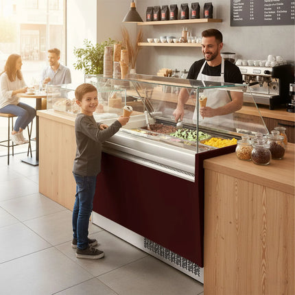 GGM Gastro Tủ Trưng Bày Kem LIAM - 1310mm - Làm Lạnh Tĩnh - Đèn LED - Cho 10+10 Khay Napoli 5L - Đỏ Garnet