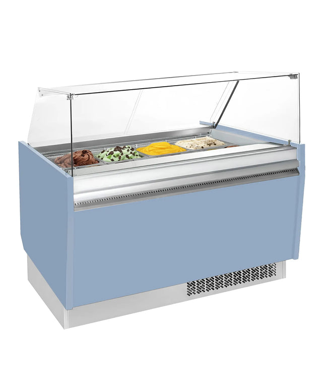 GGM Gastro Tủ Trưng Bày Kem LIAM - 1560mm - Đèn LED - Cho 13 Khay Napoli 5L - Xanh Dương Nhạt - Làm Lạnh Tĩnh
