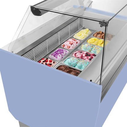 GGM Gastro Tủ Trưng Bày Kem LIAM - 1560mm - Đèn LED - Cho 13 Khay Napoli 5L - Xanh Dương Nhạt - Làm Lạnh Tĩnh