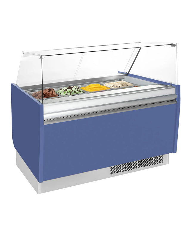 GGM Gastro Tủ Trưng Bày Kem LIAM - 1560mm - Làm Lạnh Tĩnh - Đèn LED - Cho 13 Khay Napoli 5L - Xanh Dương