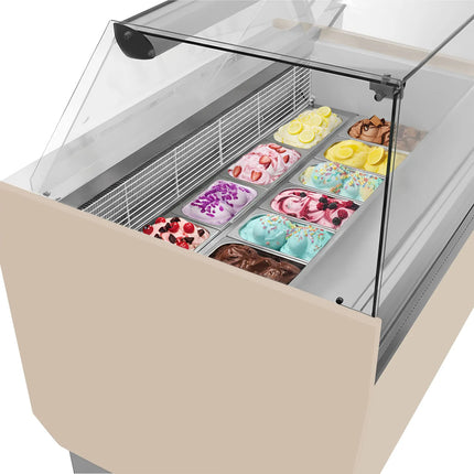 GGM Gastro Tủ Trưng Bày Kem LIAM - 1560mm - Làm Lạnh Tĩnh - Đèn LED - Cho 13 Khay Napoli 5L - Be