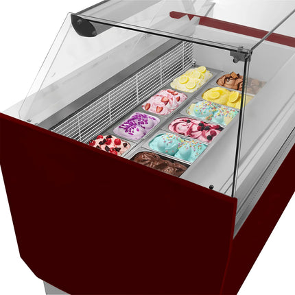 GGM Gastro Tủ Trưng Bày Kem LIAM - 1560mm - Làm Lạnh Tĩnh - Đèn LED - Cho 13+13 Khay Napoli 5L - Đỏ Garnet