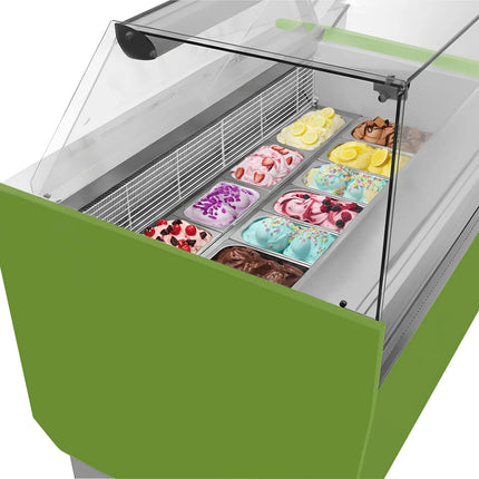 GGM Gastro Tủ Trưng Bày Kem LIAM - 1560mm - Làm Lạnh Tĩnh - Đèn LED - Cho 13+13 Khay Napoli 5L - Xanh Lá Nhạt