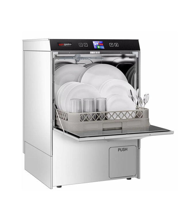 GGM Gastro Undercounter Commercial Dishwasher - 500mm Basket - Digital Controls - 3.55kW - with Drain, Rinse Aid & Detergent Pumps