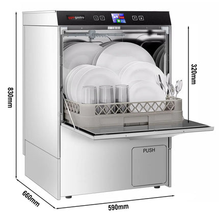 GGM Gastro Undercounter Commercial Dishwasher - 500mm Basket - Digital Controls - 3.55kW - with Drain, Rinse Aid & Detergent Pumps