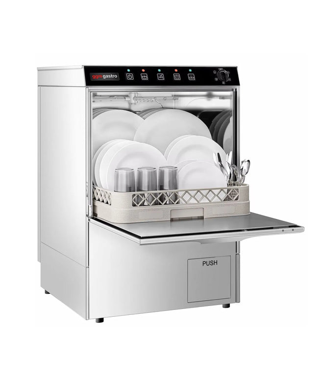 GGM Gastro Undercounter Commercial Dishwasher - 500mm Basket - Manual Controls - 3.55kW - with Drain, Rinse Aid & Detergent Pumps