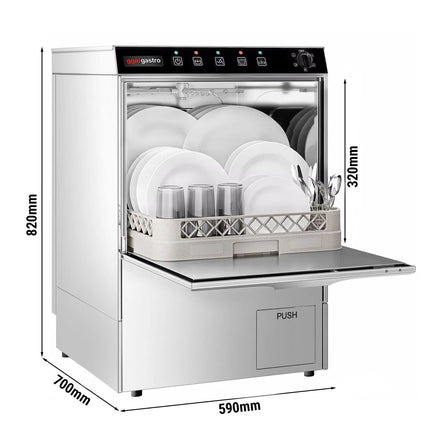 GGM Gastro Undercounter Commercial Dishwasher - 500mm Basket - Manual Controls - 3.55kW - with Drain, Rinse Aid & Detergent Pumps