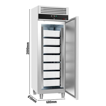 GGM Gastro Upright Fridge Stainless steel ECO - EN 600x400mm - 600L - with 1 door & 5 fish containers - Black front