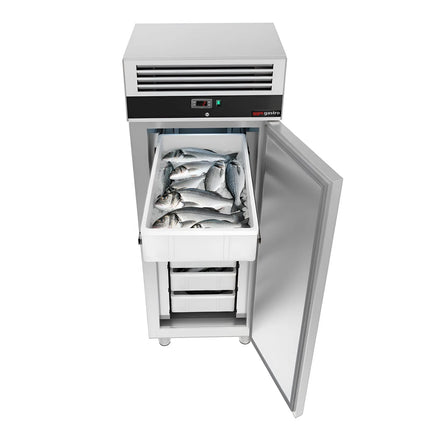 GGM Gastro Upright Fridge Stainless steel ECO - EN 600x400mm - 600L - with 1 door & 5 fish containers - Black front