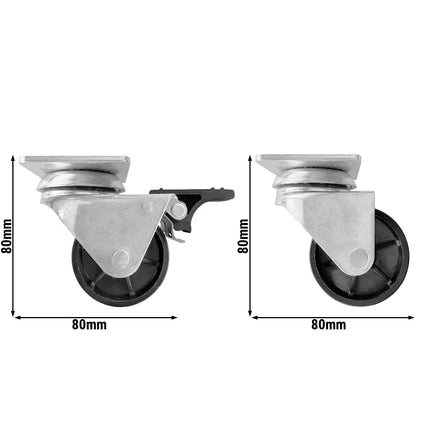 GGM Gastro Wheel set for chest freezers - Plastic & stainless steel - 60x80x80mm - for TTG449N, TTG466EN, TTG534EN & TTG553N - 2 with brakes; wheel Ø48mm, width 35mm