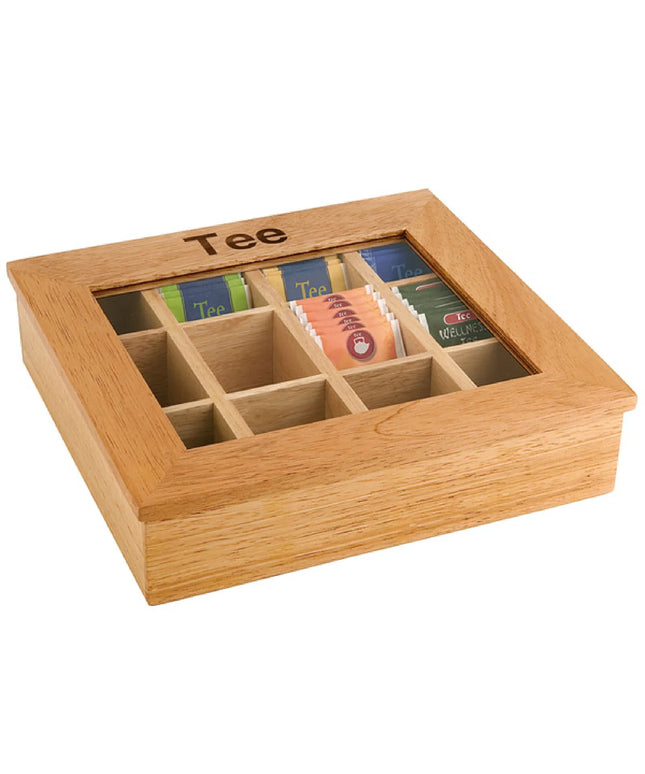 GGM Gastro Wooden Tea Box - 12 Compartments - with Viewing Window (Acrylic Lid) & Engraving - Brown