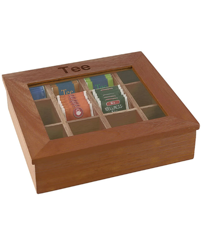GGM Gastro Wooden Tea Box - 12 Compartments - with Viewing Window (Acrylic Lid) & Engraving - Dark Wood