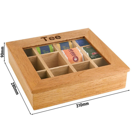 GGM Gastro Wooden Tea Box - 12 Compartments - with Viewing Window (Acrylic Lid) & Engraving - Brown