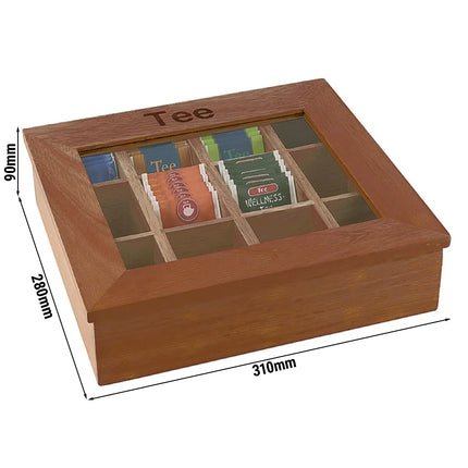 GGM Gastro Wooden Tea Box - 12 Compartments - with Viewing Window (Acrylic Lid) & Engraving - Dark Wood