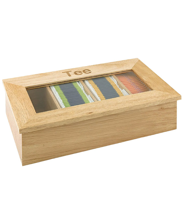 GGM Gastro Wooden Tea Box - 4 Compartments - with Viewing Window (Acrylic Lid) & Engraving - Brown