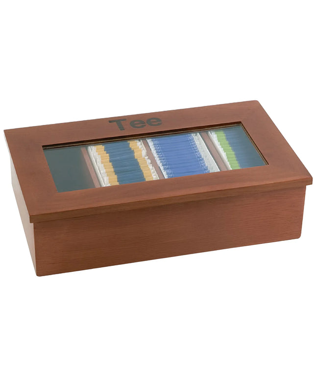 GGM Gastro Wooden Tea Box - 4 Compartments - with Viewing Window (Acrylic Lid) & Engraving - Dark Wood