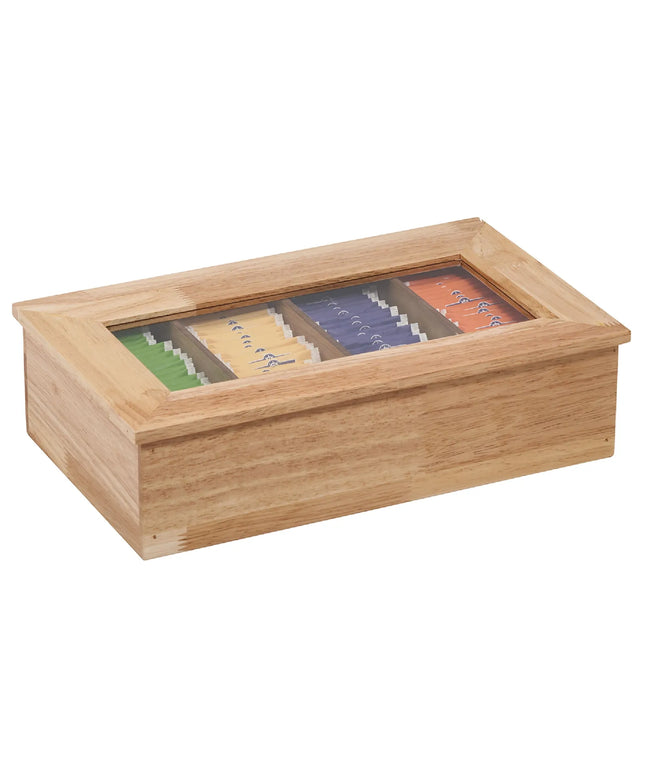 GGM Gastro Wooden Tea Box - 4 Compartments - with Viewing Window (Acrylic Lid) - without Engraving - Brown