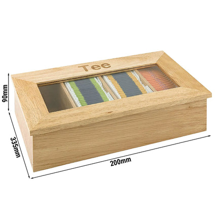 GGM Gastro Wooden Tea Box - 4 Compartments - with Viewing Window (Acrylic Lid) & Engraving - Brown