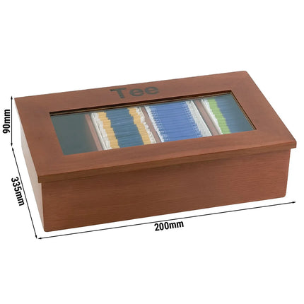 GGM Gastro Wooden Tea Box - 4 Compartments - with Viewing Window (Acrylic Lid) & Engraving - Dark Wood