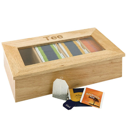 GGM Gastro Wooden Tea Box - 4 Compartments - with Viewing Window (Acrylic Lid) & Engraving - Brown