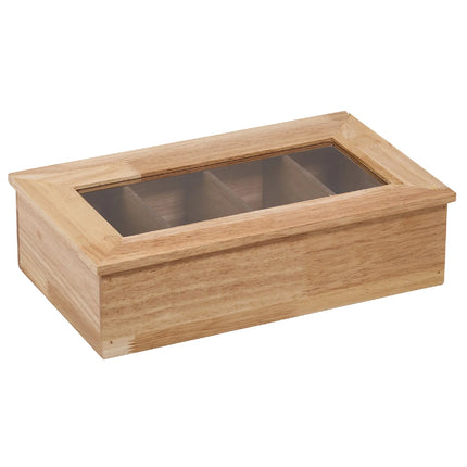 GGM Gastro Wooden Tea Box - 4 Compartments - with Viewing Window (Acrylic Lid) - without Engraving - Brown