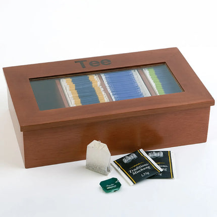 GGM Gastro Wooden Tea Box - 4 Compartments - with Viewing Window (Acrylic Lid) & Engraving - Dark Wood