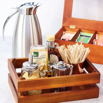 GGM Gastro Wooden Tea Box - 4 Compartments - with Viewing Window (Acrylic Lid) & Engraving - Brown