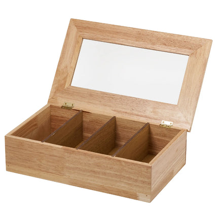 GGM Gastro Wooden Tea Box - 4 Compartments - with Viewing Window (Acrylic Lid) - without Engraving - Brown