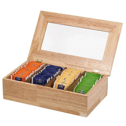 GGM Gastro Wooden Tea Box - 4 Compartments - with Viewing Window (Acrylic Lid) - without Engraving - Brown