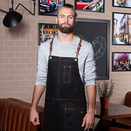KARLOWSKY | Cross-Back Bib Apron Urban X-Style – Black - 680×800 mm - 100% Cotton - Leather Straps