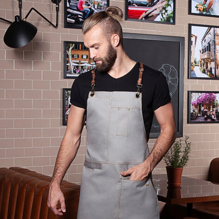 KARLOWSKY | Cross-Back Bib Apron Urban X-Style – Stone Grey - 680×800 mm - 100% Cotton - Leather Straps