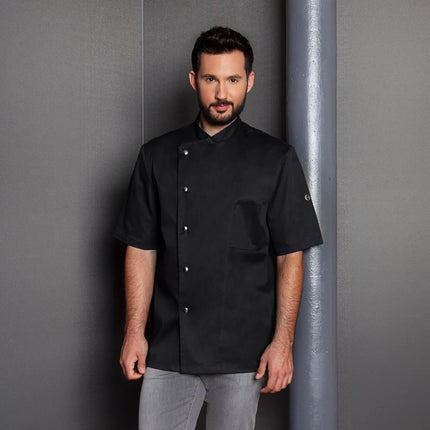 KARLOWSKY | Gustav Men's Chef Jacket – Short Sleeve - Black - Size 54 - Press-Stud Closure